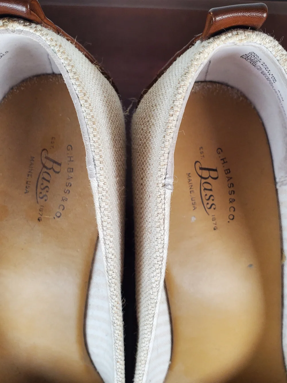 G.H. Bass & Co. - Kaitlyn Beige Canvas and Brown  Faux Leather Espadrille Wedges